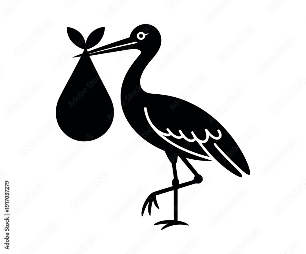 Fototapeta premium A black stork holding a baby in a sack in its beak on a white background