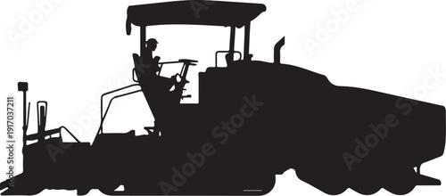 Black silhouette of a person operating a tractor with a large rear attachment