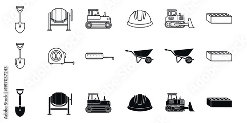 Construction tools and equipment in black and white shovels cement mixer