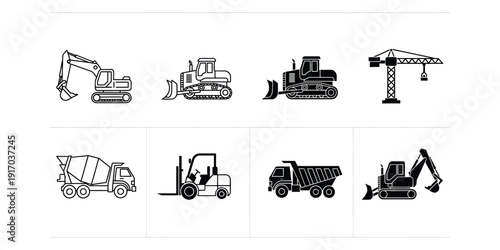 Construction vehicles in black and white excavator bulldozer crane