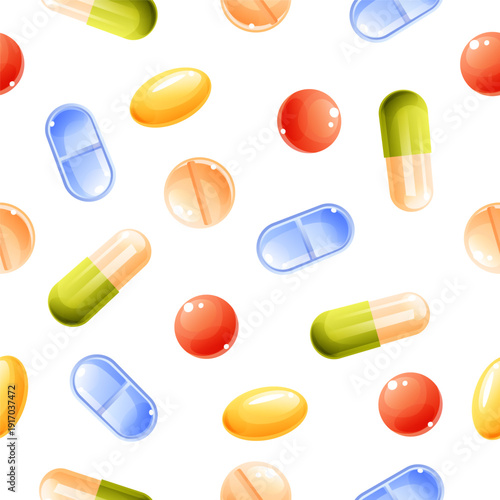 A seamless pattern of medicines and pills of various shapes and colors on a white background, with scattered pills. Vector illustration of a medical themed pattern.