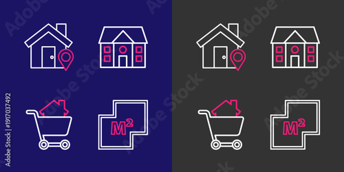 Set line House plan, Shopping cart with house, and Location icon. Vector