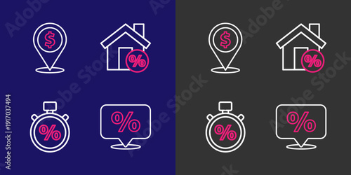 Set line Discount percent tag, Stopwatch and, House with percant discount and Cash location icon. Vector