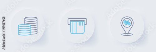 Set line Location with percent discount, Credit card and Coin money icon. Vector