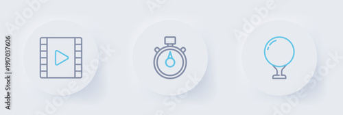 Set line Golf ball on tee, Stopwatch and Play Video icon. Vector