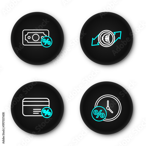 Set line Clock and percent, Discount card with, Financial growth euro coin and Money icon. Vector