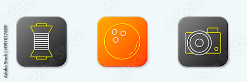 Set line Sewing thread on spool, Bowling ball and Photo camera icon. Vector