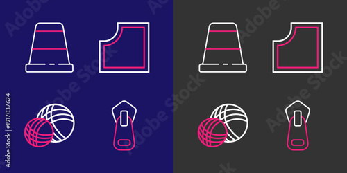 Set line Zipper, Yarn ball, Sewing Pattern and Thimble for sewing icon. Vector