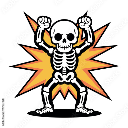 A cartoon skeleton with its fists raised in excitement, standing in front of a bright orange starburst on a white background.