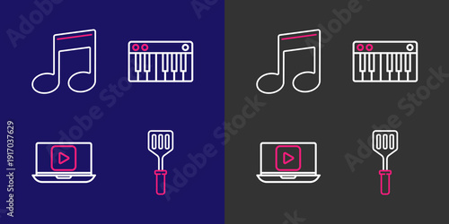 Set line Spatula, Online play video, Music synthesizer and note, tone icon. Vector