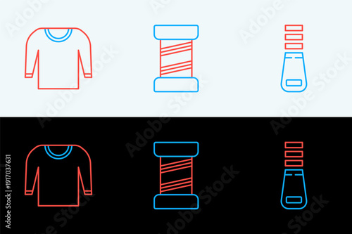 Set line Zipper, Sweater and Sewing thread icon. Vector
