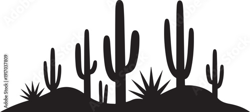 Black silhouette of cacti and desert landscape white