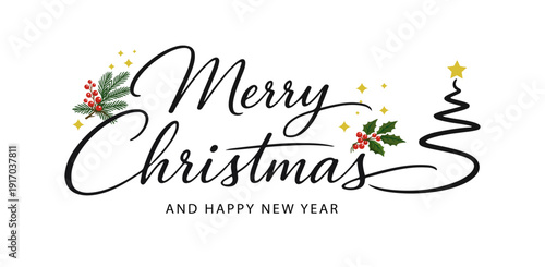 Merry Christmas and Happy New Year logo design with holly berries and star christmas tree