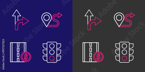 Set line Traffic light, Toll road traffic sign, Route location and Road icon. Vector