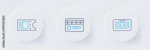 Set line VHS video cassette tape, Movie clapper and Cinema ticket icon. Vector