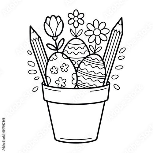 A black and white illustration of Easter eggs in a pot with flowers and pencils