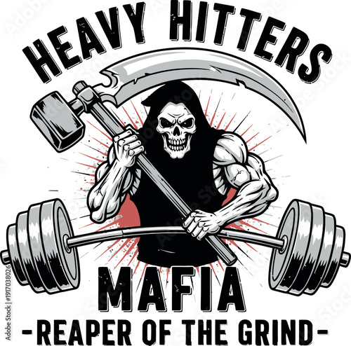 Grim reaper holding weights and scythe with heavy hitters mafia text skeleton dumbbell