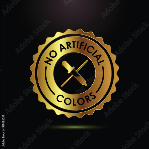 No artificial colors golden emblem, showing pipette with crossed out sign, black background