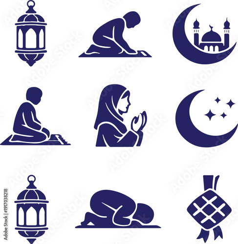 Vector art of blue vector icons of people and objects for ramadan and islam