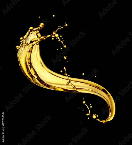 Golden splash with drops of oily liquid on a black background. Generative AI