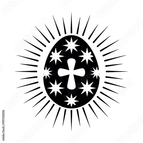 A black and white illustration of an Easter egg with a cross and stars