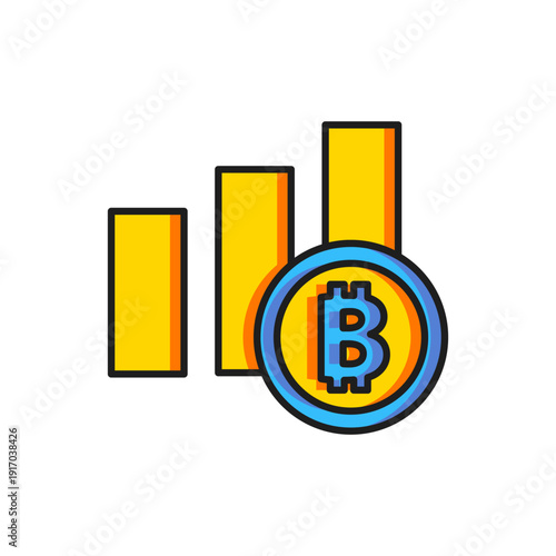 Color Pie chart infographic bitcoin icon isolated on white background. Diagram chart sign. Flat filled outline style with shadow. Vector