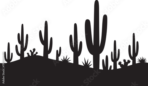 Black silhouette of cacti and desert plants on white background