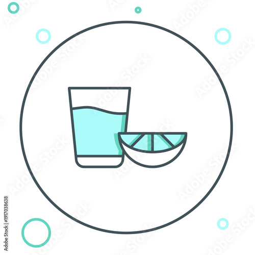 Line Tequila glass with lemon icon isolated on white background. Mexican alcohol drink. Colorful outline concept. Vector