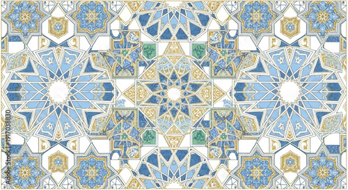 A vibrant and intricate geometric pattern featuring blue, gold, and white shapes in a symmetrical design.