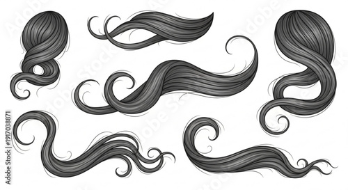 A set of black and white vector illustrations of flowing hair strands in various styles and shapes.