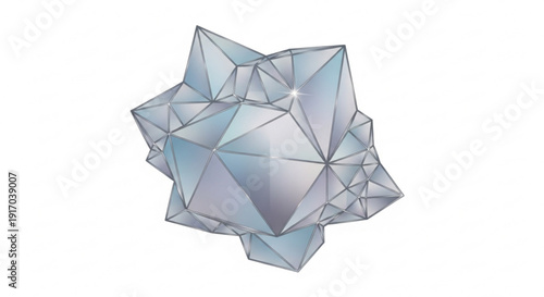 A geometric crystal illustration with a complex polyhedral structure in shades of blue and grey