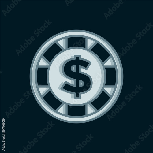 Line Casino chip with dollar symbol icon isolated on black background. Casino gambling. Flat filled outline style with shadow. Vector