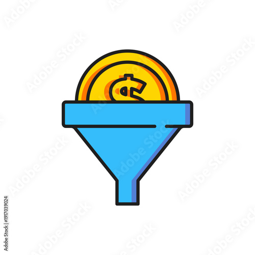 Color Lead management icon isolated on white background. Funnel with money. Target client business concept. Flat filled outline style with shadow. Vector