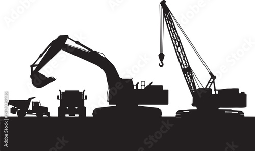 Black Silhouette of Construction Equipment on White Background