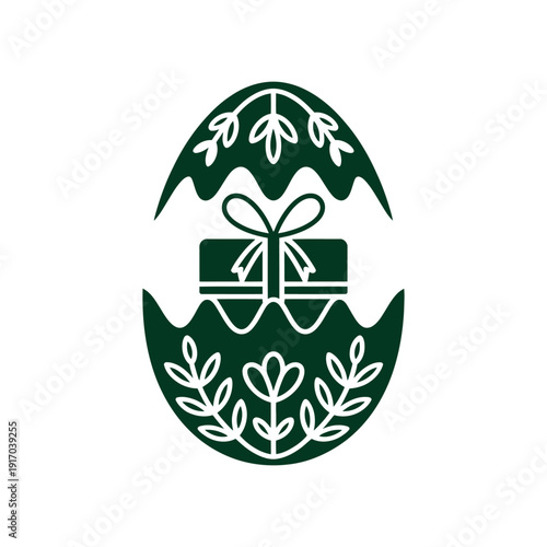 A green Easter egg with a gift inside and leaf design