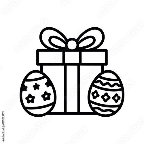 A black and white illustration of Easter eggs and a gift