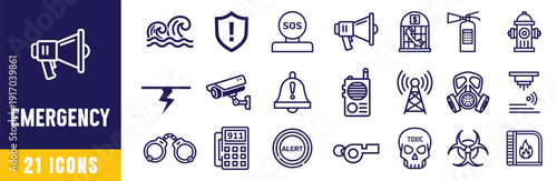 21 emergency web icons set in clean outline style vector illustration, Emergency alert safety and rescue line web icons pack vector illustration