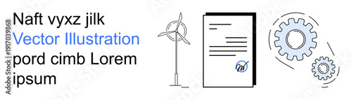 Renewable energy, automation technology, document verification, sustainability, clean energy, industrial innovation. Wind turbine, document gears. Renewable energy and automation technology concept