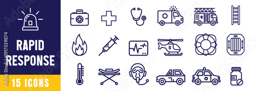 15 rapid response web icons set in clean outline style vector illustration, Emergency rapid response and rescue service line web icons pack vector illustration