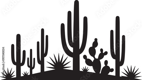 Black silhouette of various cacti and desert plants on white background