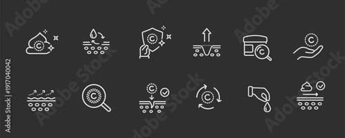 Skin line icon set isolated on black background. Care, collagen, cream search signs. Vector outline stroke symbols for medical cosmetic design