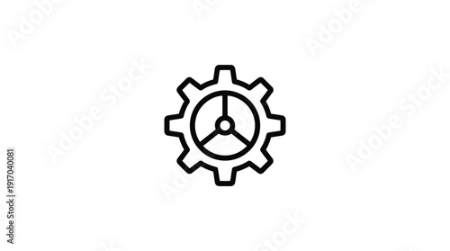 Simple black gear icon with a clock inside on a white background.