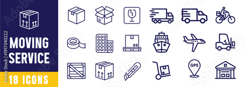 18 moving service web icons set in clean outline style vector illustration, Moving and relocation logistics line web icons pack vector illustration