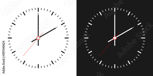 Classic style clock with hour, minute and second hand on white and black background.