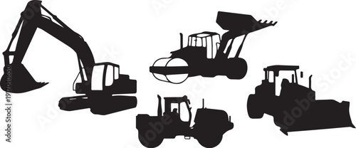 Black Silhouettes of Construction Machinery and Vehicles