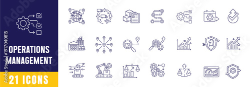 21 operation management web icons set in clean outline style vector illustration, 21 business operations management line web icons pack vector illustration