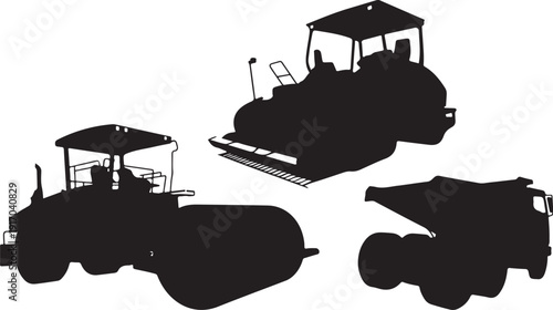 Black Silhouettes of Construction Vehicles on White Background
