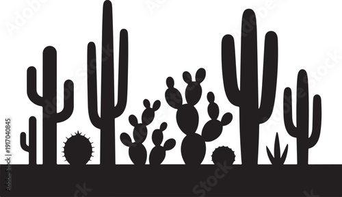 Black silhouettes of various cacti and desert plants on white background 1