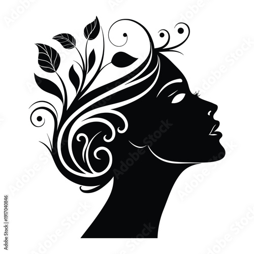 Elegant vector illustration of a woman head silhouette featuring a floral hair design with black leaf ornaments and nature-inspired scroll art in a stylish profile shape