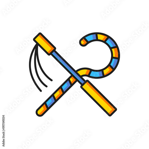 Color Crook and flail icon isolated on white background. Ancient Egypt symbol. Scepters of egypt. Flat filled outline style with shadow. Vector